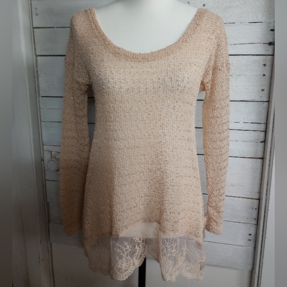 A'Reve Shear Lace Long Sleeve Peachy Tan Top Size Small Open Knit Scarf Tie Back